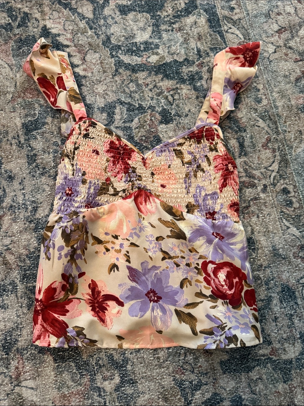 Floral Smocked Satin Cami Top in Cream and Lavender